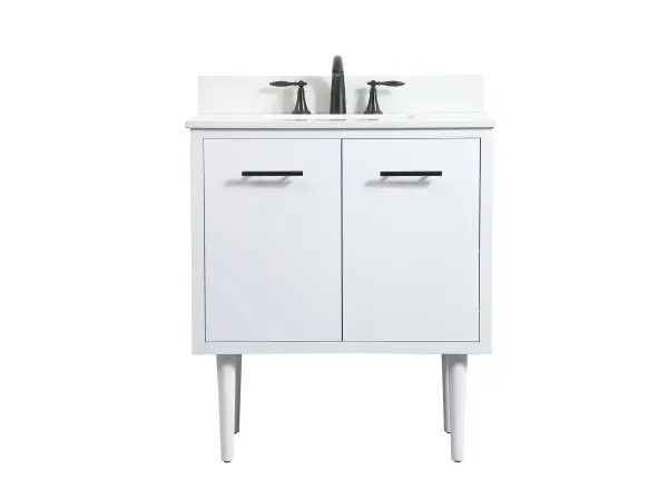 Delve into a world of minimalistic fashion and contemporary styling with this midcentury modern vanity. The clean lines anchors the design, while the straight tapered cylinder legs add subtle interest. Bar pull handle adorns the soft closing door hiding the base of the rectangular porcelain sink and letting you store your bathroom necessities and toiletries. Whether you want to use this as a floating vanity or a freestanding vanity, the choice is yours. The durable ivory white engineered marble countertop complements the manufactured wood base vanity and is built to last. Comes with a matching backsplash to complete the look and protects your wall. Collection: Cyrus Rooms: bathroom Finish: White Width: 19.00" Height: 33.50" Length: 30.00" Weight: 93.00 lb Material: Solid wood and MDF Country of Origin: Vietnam Manufacturer Warranty: 1 year limited