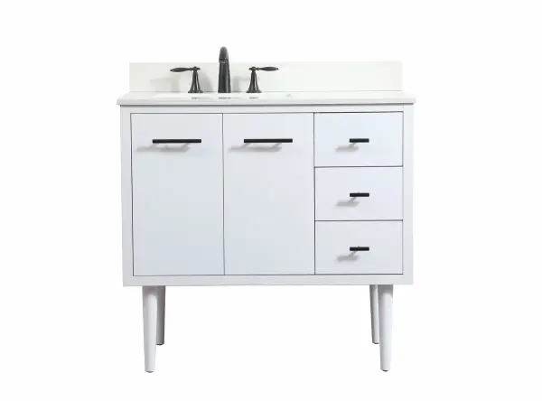 Delve into a world of minimalistic fashion and contemporary styling with this midcentury modern vanity. The clean lines anchors the design, while the straight tapered cylinder legs add subtle interest. Bar pull handle adorns the soft closing door hiding the base of the rectangular porcelain sink and letting you store your bathroom necessities and toiletries. Three soft closing drawers add plenty of storage option. Whether you want to use this as a floating vanity or a freestanding vanity, the choice is yours. The durable ivory white engineered marble countertop complements the manufactured wood base vanity and is built to last. Comes with a matching backsplash to complete the look and protects your wall. Collection: Cyrus Rooms: bathroom Finish: White Width: 22.00" Height: 33.50" Length: 36.00" Weight: 135.00 lb Material: Solid wood and MDF Country of Origin: Vietnam Manufacturer Warranty: 1 year limited