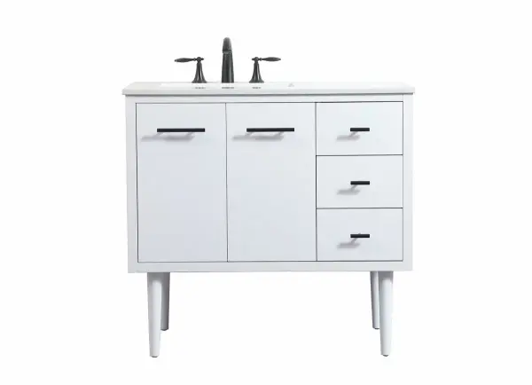 Delve into a world of minimalistic fashion and contemporary styling with this midcentury modern vanity. The clean lines anchors the design, while the straight tapered cylinder legs add subtle interest. Bar pull handle adorns the soft closing door hiding the base of the rectangular porcelain sink and letting you store your bathroom necessities and toiletries. Three soft closing drawers add plenty of storage option. Whether you want to use this as a floating vanity or a freestanding vanity, the choice is yours. The durable ivory white engineered marble countertop complements the manufactured wood base vanity and is built to last. Collection: Cyrus Rooms: bathroom Finish: White Width: 22.00" Height: 33.50" Length: 36.00" Weight: 127.00 lb Material: Solid wood and MDF Country of Origin: Vietnam Manufacturer Warranty: 1 year limited