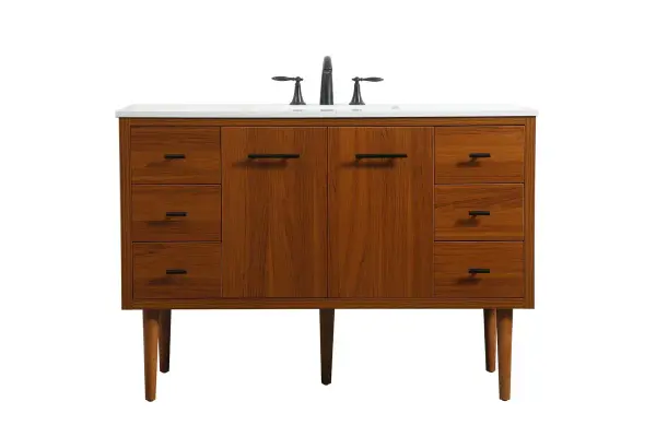 Delve into a world of minimalistic fashion and contemporary styling with this midcentury modern vanity. The clean lines anchors the design, while the straight tapered cylinder legs add subtle interest. Bar pull handle adorns the soft closing door hiding the base of the rectangular porcelain sink and letting you store your bathroom necessities and toiletries. Six soft closing drawers add plenty of storage option. Whether you want to use this as a floating vanity or a freestanding vanity, the choice is yours. The durable ivory white engineered marble countertop complements the manufactured wood base vanity and is built to last. Collection: Cyrus Rooms: bathroom Finish: Teak Width: 22.00" Height: 33.50" Length: 48.00" Weight: 175.00 lb Material: Solid wood and MDF Country of Origin: Vietnam Manufacturer Warranty: 1 year limited