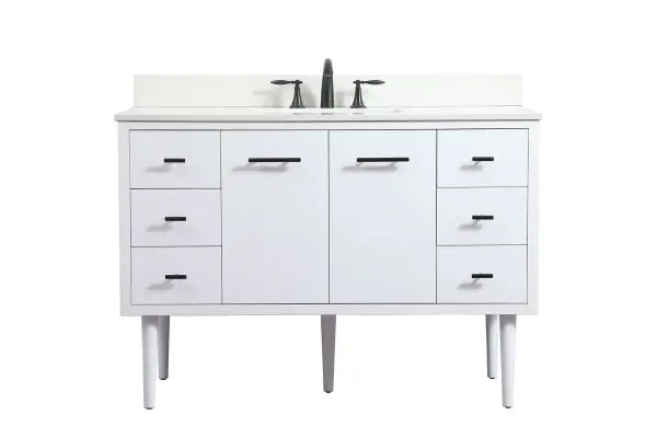 Delve into a world of minimalistic fashion and contemporary styling with this midcentury modern vanity. The clean lines anchors the design, while the straight tapered cylinder legs add subtle interest. Bar pull handle adorns the soft closing door hiding the base of the rectangular porcelain sink and letting you store your bathroom necessities and toiletries. Six soft closing drawers add plenty of storage option. Whether you want to use this as a floating vanity or a freestanding vanity, the choice is yours. The durable ivory white engineered marble countertop complements the manufactured wood base vanity and is built to last. Comes with a matching backsplash to complete the look and protects your wall. Collection: Cyrus Rooms: bathroom Finish: White Width: 22.00" Height: 33.50" Length: 48.00" Weight: 187.00 lb Material: Solid wood and MDF Country of Origin: Vietnam Manufacturer Warranty: 1 year limited