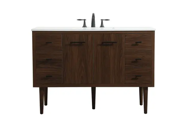 Delve into a world of minimalistic fashion and contemporary styling with this midcentury modern vanity. The clean lines anchors the design, while the straight tapered cylinder legs add subtle interest. Bar pull handle adorns the soft closing door hiding the base of the rectangular porcelain sink and letting you store your bathroom necessities and toiletries. Six soft closing drawers add plenty of storage option. Whether you want to use this as a floating vanity or a freestanding vanity, the choice is yours. The durable ivory white engineered marble countertop complements the manufactured wood base vanity and is built to last. Collection: Cyrus Rooms: bathroom Finish: Walnut Width: 22.00" Height: 33.50" Length: 48.00" Weight: 175.00 lb Material: Solid wood and MDF Country of Origin: Vietnam Manufacturer Warranty: 1 year limited