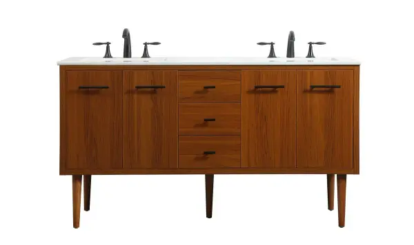 Delve into a world of minimalistic fashion and contemporary styling with this midcentury modern vanity. The clean lines anchors the design, while the straight tapered cylinder legs add subtle interest. Bar pull handle adorns the soft closing door hiding the base of the rectangular porcelain sink and letting you store your bathroom necessities and toiletries. Three soft closing drawers add plenty of storage option. Whether you want to use this as a floating vanity or a freestanding vanity, the choice is yours. The durable ivory white engineered marble countertop complements the manufactured wood base vanity and is built to last. Collection: Cyrus Rooms: bathroom Finish: Teak Width: 22.00" Height: 33.50" Length: 60.00" Weight: 190.00 lb Material: Solid wood and MDF Country of Origin: Vietnam Manufacturer Warranty: 1 year limited