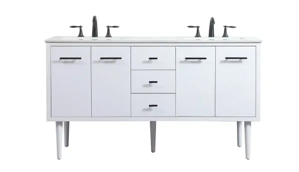 Delve into a world of minimalistic fashion and contemporary styling with this midcentury modern vanity. The clean lines anchors the design, while the straight tapered cylinder legs add subtle interest. Bar pull handle adorns the soft closing door hiding the base of the rectangular porcelain sink and letting you store your bathroom necessities and toiletries. Three soft closing drawers add plenty of storage option. Whether you want to use this as a floating vanity or a freestanding vanity, the choice is yours. The durable ivory white engineered marble countertop complements the manufactured wood base vanity and is built to last. Collection: Cyrus Rooms: bathroom Finish: White Width: 22.00" Height: 33.50" Length: 60.00" Weight: 190.00 lb Material: Solid wood and MDF Country of Origin: Vietnam Manufacturer Warranty: 1 year limited