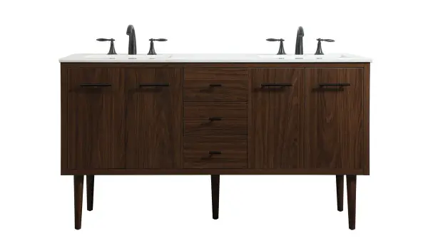 Delve into a world of minimalistic fashion and contemporary styling with this midcentury modern vanity. The clean lines anchors the design, while the straight tapered cylinder legs add subtle interest. Bar pull handle adorns the soft closing door hiding the base of the rectangular porcelain sink and letting you store your bathroom necessities and toiletries. Three soft closing drawers add plenty of storage option. Whether you want to use this as a floating vanity or a freestanding vanity, the choice is yours. The durable ivory white engineered marble countertop complements the manufactured wood base vanity and is built to last. Collection: Cyrus Rooms: bathroom Finish: Walnut Width: 22.00" Height: 33.50" Length: 60.00" Weight: 190.00 lb Material: Solid wood and MDF Country of Origin: Vietnam Manufacturer Warranty: 1 year limited