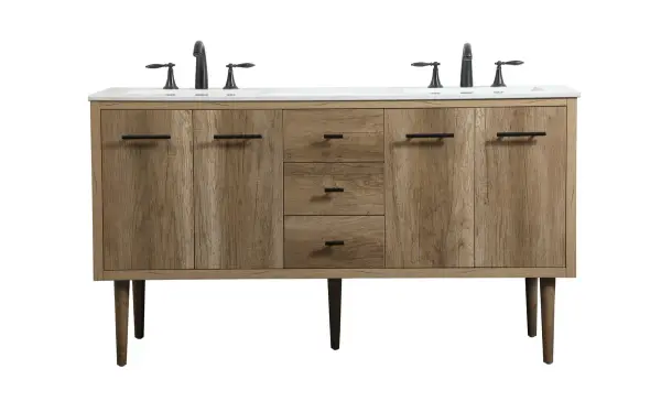 Delve into a world of minimalistic fashion and contemporary styling with this midcentury modern vanity. The clean lines anchors the design, while the straight tapered cylinder legs add subtle interest. Bar pull handle adorns the soft closing door hiding the base of the rectangular porcelain sink and letting you store your bathroom necessities and toiletries. Three soft closing drawers add plenty of storage option. Whether you want to use this as a floating vanity or a freestanding vanity, the choice is yours. The durable ivory white engineered marble countertop complements the manufactured wood base vanity and is built to last. Collection: Cyrus Rooms: bathroom Finish: Natural oak Width: 22.00" Height: 33.50" Length: 60.00" Weight: 190.00 lb Material: Solid wood and MDF Country of Origin: Vietnam Manufacturer Warranty: 1 year limited