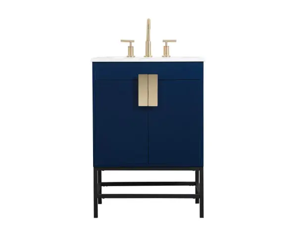 This vanity is a sleek-looking piece of bathroom furniture that is easy to incorporate into your design scheme. The cabinet features a smooth door panel with an oversized steel handle and soft close hinges provide ample room for accessories. Constructed of engineered wood, the powder-coated metal rod legs are an urban industrial look that we love. Minor assembly of the metal legs needed to get this vanity up and running. Collection: Eugene Rooms: bathroom Finish: Blue Width: 19.00" Height: 33.50" Length: 24.00" Weight: 75.00 lb Material: MDF Country of Origin: Vietnam Manufacturer Warranty: 1 year limited