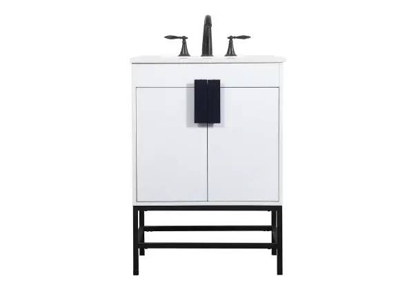 This vanity is a sleek-looking piece of bathroom furniture that is easy to incorporate into your design scheme. The cabinet features a smooth door panel with an oversized steel handle and soft close hinges provide ample room for accessories. Constructed of engineered wood, the powder-coated metal rod legs are an urban industrial look that we love. Minor assembly of the metal legs needed to get this vanity up and running. Collection: Eugene Rooms: bathroom Finish: White Width: 19.00" Height: 33.50" Length: 24.00" Weight: 75.00 lb Material: MDF Country of Origin: Vietnam Manufacturer Warranty: 1 year limited