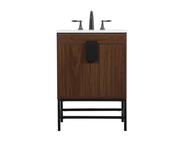 The Eugene vanity brings industrial style to small bathrooms with its walnut finish cabinet and powder-coated metal rod legs. The oversized steel handle and soft-close hinges add modern functionality to this space-efficient design.