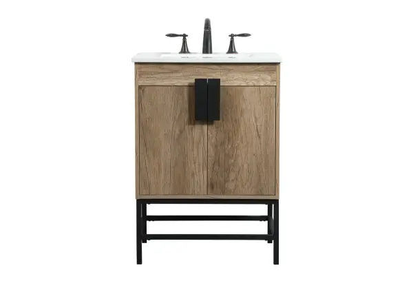 The Eugene vanity brings industrial style to small bathrooms with its powder-coated metal legs and natural oak finish. The 24-inch width makes it ideal for powder rooms or compact spaces while the oversized steel handle adds bold character.