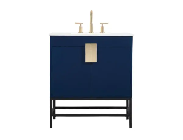 The Eugene vanity brings urban industrial style to smaller bathrooms with its powder-coated metal rod legs and smooth blue cabinet. The oversized steel handle and soft-close hinges add functional elegance to this space-efficient design.