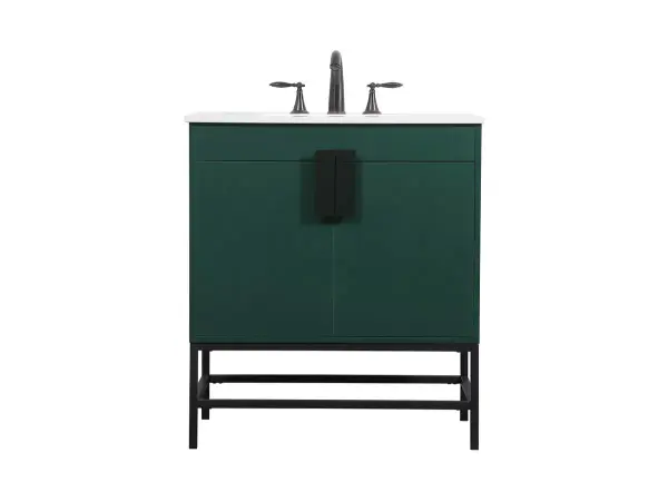 The Eugene vanity brings urban industrial style to smaller bathrooms with its powder-coated metal legs and smooth cabinet design. The 30-inch width makes it ideal for powder rooms or compact spaces while the oversized steel handle adds a modern touch.