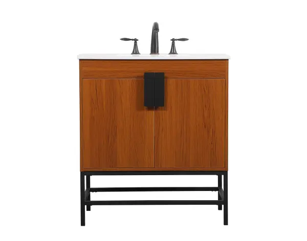 The Eugene vanity brings industrial-modern style to smaller bathrooms with its teak finish cabinet and powder-coated metal legs. The oversized steel handle and soft-close hinges add quality touches to this space-efficient design.