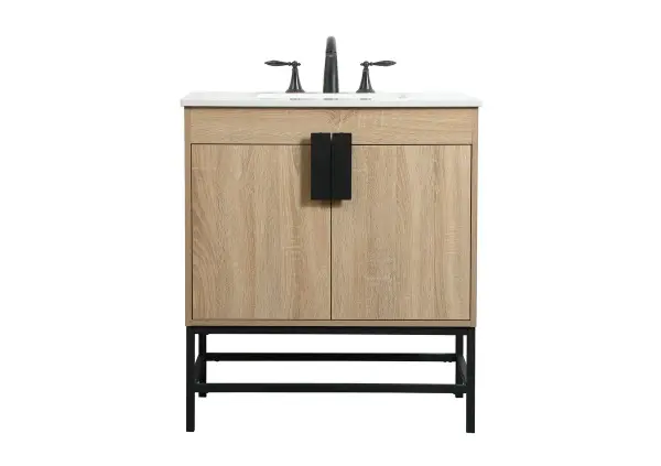 The Eugene vanity brings industrial-modern style to smaller bathrooms with its mango wood construction and powder-coated metal legs. The oversized steel handle and soft-close hinges add functional elegance to this space-efficient design.