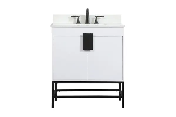 The Eugene vanity brings industrial style to small bathrooms with its powder-coated metal rod legs and clean white cabinet. The oversized steel handle and soft-close hinges add modern functionality to this space-efficient design.