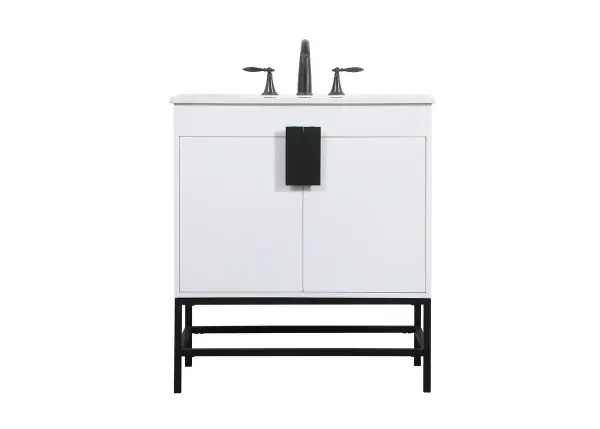 The Eugene vanity brings industrial style to small bathrooms with its powder-coated metal rod legs and clean white cabinet. The oversized steel handle and soft-close hinges add modern functionality to this space-efficient design.