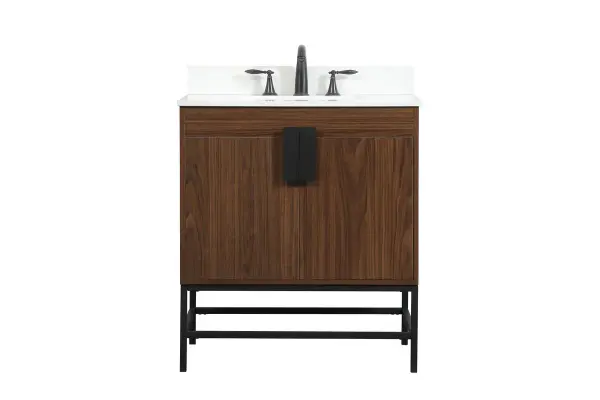 The Eugene vanity brings industrial-modern style to smaller bathrooms with its walnut finish, powder-coated metal legs, and oversized steel handle. Soft-close hinges and ample cabinet space make it practical for daily use.