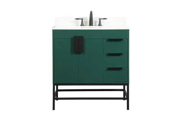 The Eugene vanity brings urban industrial style to the bathroom with its distinctive green cabinet, powder-coated metal rod legs, and oversized steel handle. Engineered wood construction with soft-close hinges offers durability and quiet operation.