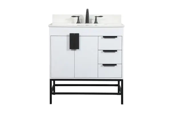 The Eugene vanity brings urban industrial style to smaller bathrooms with its powder-coated metal rod legs and smooth white cabinet. The oversized steel handle and soft-close hinges add functional elegance to this space-efficient design.