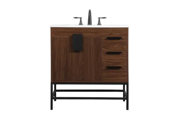 The Eugene vanity brings industrial-chic style to smaller bathrooms with its walnut finish cabinet and powder-coated metal rod legs. The oversized steel handle and soft-close hinges add modern functionality to this space-efficient design.