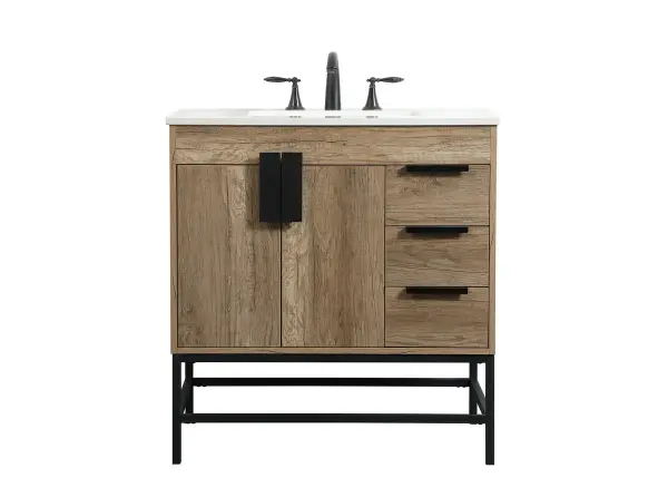 The Eugene vanity blends industrial metal rod legs with warm natural oak for a contemporary bathroom statement. Its compact 32-inch width makes it ideal for smaller spaces while the oversized steel handle adds bold character.