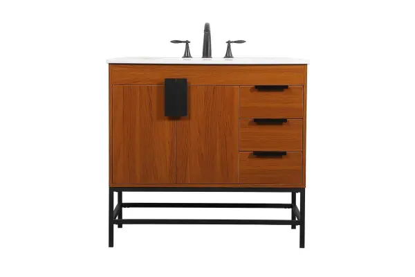 The Eugene vanity combines warm teak-finished engineered wood with powder-coated metal rod legs for an urban industrial aesthetic. Features a smooth door panel with oversized steel handle and soft-close hinges for quiet operation.