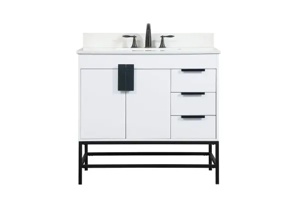 The Eugene vanity combines sleek white cabinetry with powder-coated metal rod legs for an urban industrial aesthetic. Soft-close hinges and an oversized steel handle add functionality to the minimalist design.