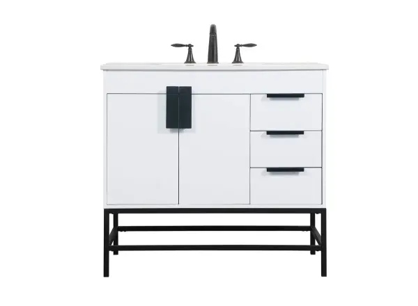 The Eugene vanity brings urban industrial style to the bathroom with its powder-coated metal rod legs and smooth white cabinet. The oversized steel handle and soft-close hinges add both style and function to this 36-inch piece.