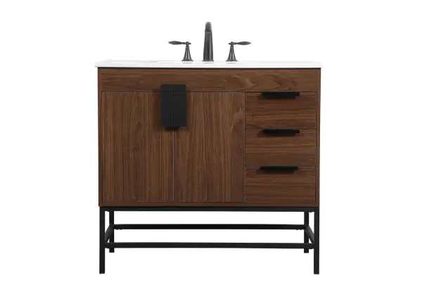 The Eugene vanity combines warm walnut tones with powder-coated metal legs for an urban industrial aesthetic. Features a smooth door panel with oversized steel handle and soft-close hinges for quiet operation.
