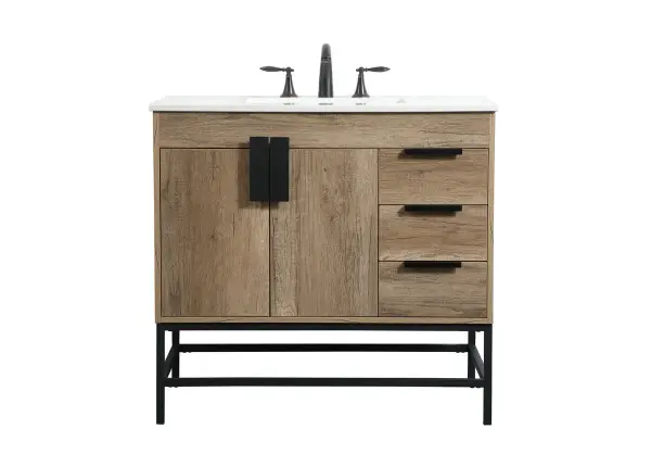 The Eugene vanity blends warm natural oak with industrial metal accents for a contemporary bathroom aesthetic. Its compact 36-inch width fits smaller spaces while the oversized steel handle adds bold visual interest.