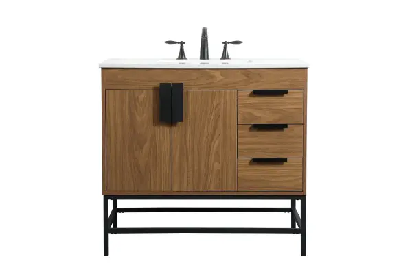 The Eugene vanity combines warm walnut brown engineered wood with powder-coated metal rod legs for an urban industrial aesthetic. Features a smooth door panel with oversized steel handle and soft-close hinges for quiet operation.