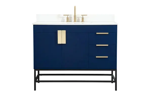 The Eugene vanity combines contemporary style with industrial flair through its powder-coated metal rod legs and smooth blue cabinet. The oversized steel handle and soft-close hinges add both visual interest and functionality.