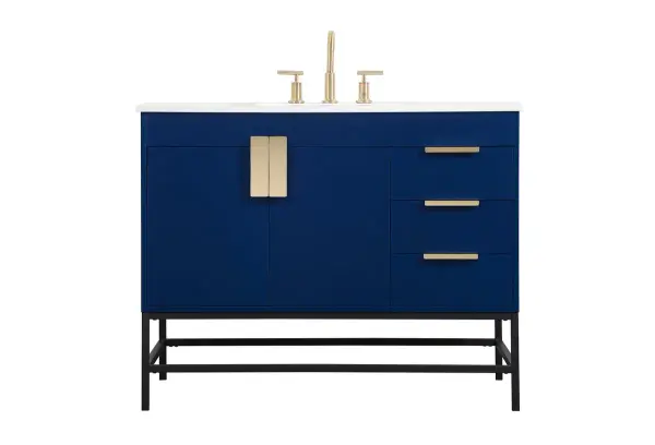 The Eugene vanity brings urban industrial style to the bathroom with its striking blue cabinet, powder-coated metal rod legs, and oversized steel handle. The 42-inch width provides practical storage while the sleek design fits contemporary spaces.