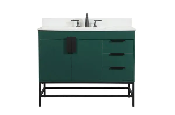 The Eugene vanity brings industrial-chic style to bathroom spaces with its distinctive green finish and powder-coated metal rod legs. The smooth door panel with oversized steel handle offers clean lines while soft-close hinges and ample storage make it practical for daily use.