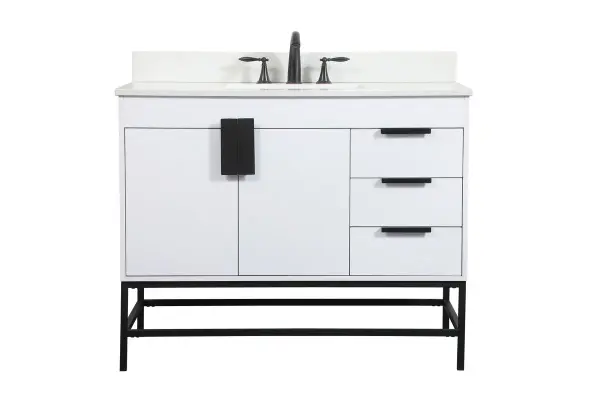 This vanity is a sleek-looking piece of bathroom furniture that is easy to incorporate into your design scheme. The cabinet features a smooth door panel with an oversized steel handle and soft close hinges provide ample room for accessories. Constructed of engineered wood, the powder-coated metal rod legs are an urban industrial look that we love. Minor assembly of the metal legs needed to get this vanity up and running. Comes with a matching backsplash to complete the look and protects your wall. Collection: Eugene Rooms: bathroom Finish: white Width: 22.00" Height: 33.50" Length: 42.00" Weight: 164.00 lb Material: MDF Country of Origin: Vietnam Manufacturer Warranty: 1 year limited