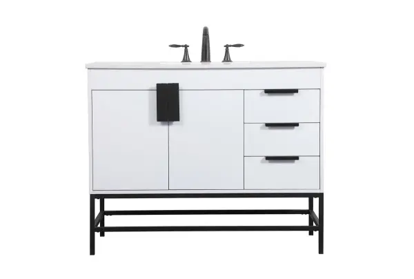 The Eugene vanity combines urban industrial style with practical functionality. Its white finish and powder-coated metal legs create a contemporary look, while the smooth door panel and oversized steel handle add modern sophistication.