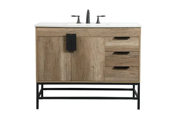 This vanity is a sleek-looking piece of bathroom furniture that is easy to incorporate into your design scheme. The cabinet features a smooth door panel with an oversized steel handle and soft close hinges provide ample room for accessories. Constructed of engineered wood, the powder-coated metal rod legs are an urban industrial look that we love. Minor assembly of the metal legs needed to get this vanity up and running. Collection: Eugene Rooms: bathroom Finish: natural oak Width: 22.00" Height: 33.50" Length: 42.00" Weight: 147.00 lb Material: MDF Country of Origin: Vietnam Manufacturer Warranty: 1 year limited