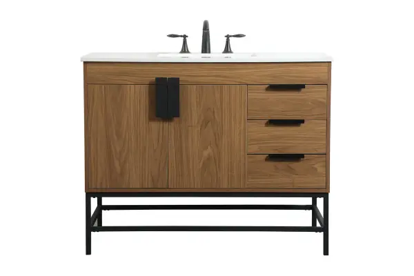 This vanity is a sleek-looking piece of bathroom furniture that is easy to incorporate into your design scheme. The cabinet features a smooth door panel with an oversized steel handle and soft close hinges provide ample room for accessories. Constructed of engineered wood, the powder-coated metal rod legs are an urban industrial look that we love. Minor assembly of the metal legs needed to get this vanity up and running. Collection: Eugene Rooms: bathroom Finish: walnut brown Width: 22.00" Height: 33.50" Length: 42.00" Weight: 147.00 lb Material: MDF Country of Origin: Vietnam Manufacturer Warranty: 1 year limited