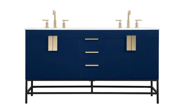 This vanity is a sleek-looking piece of bathroom furniture that is easy to incorporate into your design scheme. The cabinet features a smooth door panel with an oversized steel handle and soft close hinges provide ample room for accessories. Constructed of engineered wood, the powder-coated metal rod legs are an urban industrial look that we love. Minor assembly of the metal legs needed to get this vanity up and running. Collection: Eugene Rooms: bathroom Finish: Blue Width: 22.00" Height: 33.50" Length: 60.00" Weight: 205.00 lb Material: MDF Country of Origin: Vietnam Manufacturer Warranty: 1 year limited