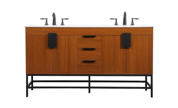 This vanity is a sleek-looking piece of bathroom furniture that is easy to incorporate into your design scheme. The cabinet features a smooth door panel with an oversized steel handle and soft close hinges provide ample room for accessories. Constructed of engineered wood, the powder-coated metal rod legs are an urban industrial look that we love. Minor assembly of the metal legs needed to get this vanity up and running. Collection: Eugene Rooms: bathroom Finish: Teak Width: 22.00" Height: 33.50" Length: 60.00" Weight: 205.00 lb Material: MDF Country of Origin: Vietnam Manufacturer Warranty: 1 year limited