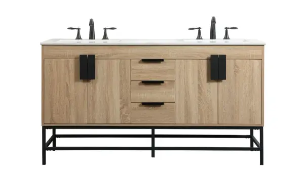 This vanity is a sleek-looking piece of bathroom furniture that is easy to incorporate into your design scheme. The cabinet features a smooth door panel with an oversized steel handle and soft close hinges provide ample room for accessories. Constructed of engineered wood, the powder-coated metal rod legs are an urban industrial look that we love. Minor assembly of the metal legs needed to get this vanity up and running. Collection: Eugene Rooms: bathroom Finish: mango wood Width: 22.00" Height: 33.50" Length: 60.00" Weight: 205.00 lb Material: MDF Country of Origin: Vietnam Manufacturer Warranty: 1 year limited