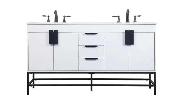 This vanity is a sleek-looking piece of bathroom furniture that is easy to incorporate into your design scheme. The cabinet features a smooth door panel with an oversized steel handle and soft close hinges provide ample room for accessories. Constructed of engineered wood, the powder-coated metal rod legs are an urban industrial look that we love. Minor assembly of the metal legs needed to get this vanity up and running. Collection: Eugene Rooms: bathroom Finish: white Width: 22.00" Height: 33.50" Length: 60.00" Weight: 205.00 lb Material: MDF Country of Origin: Vietnam Manufacturer Warranty: 1 year limited