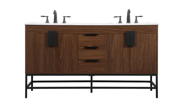 This vanity is a sleek-looking piece of bathroom furniture that is easy to incorporate into your design scheme. The cabinet features a smooth door panel with an oversized steel handle and soft close hinges provide ample room for accessories. Constructed of engineered wood, the powder-coated metal rod legs are an urban industrial look that we love. Minor assembly of the metal legs needed to get this vanity up and running. Collection: Eugene Rooms: bathroom Finish: Walnut Width: 22.00" Height: 33.50" Length: 60.00" Weight: 205.00 lb Material: MDF Country of Origin: Vietnam Manufacturer Warranty: 1 year limited