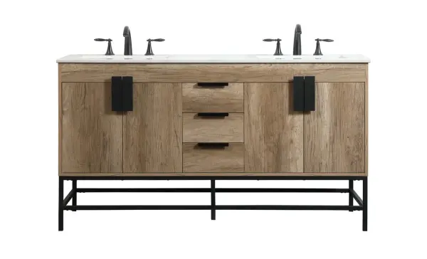 This vanity is a sleek-looking piece of bathroom furniture that is easy to incorporate into your design scheme. The cabinet features a smooth door panel with an oversized steel handle and soft close hinges provide ample room for accessories. Constructed of engineered wood, the powder-coated metal rod legs are an urban industrial look that we love. Minor assembly of the metal legs needed to get this vanity up and running. Collection: Eugene Rooms: bathroom Finish: natural oak Width: 22.00" Height: 33.50" Length: 60.00" Weight: 205.00 lb Material: MDF Country of Origin: Vietnam Manufacturer Warranty: 1 year limited