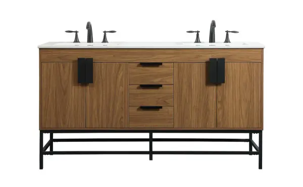 This vanity is a sleek-looking piece of bathroom furniture that is easy to incorporate into your design scheme. The cabinet features a smooth door panel with an oversized steel handle and soft close hinges provide ample room for accessories. Constructed of engineered wood, the powder-coated metal rod legs are an urban industrial look that we love. Minor assembly of the metal legs needed to get this vanity up and running. Collection: Eugene Rooms: bathroom Finish: walnut brown Width: 22.00" Height: 33.50" Length: 60.00" Weight: 205.00 lb Material: MDF Country of Origin: Vietnam Manufacturer Warranty: 1 year limited