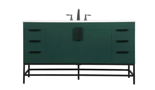 This vanity is a sleek-looking piece of bathroom furniture that is easy to incorporate into your design scheme. The cabinet features a smooth door panel with an oversized steel handle and soft close hinges provide ample room for accessories. Constructed of engineered wood, the powder-coated metal rod legs are an urban industrial look that we love. Minor assembly of the metal legs needed to get this vanity up and running. Collection: Eugene Rooms: bathroom Finish: Green Width: 22.00" Height: 33.50" Length: 60.00" Weight: 210.00 lb Material: MDF Country of Origin: Vietnam Manufacturer Warranty: 1 year limited