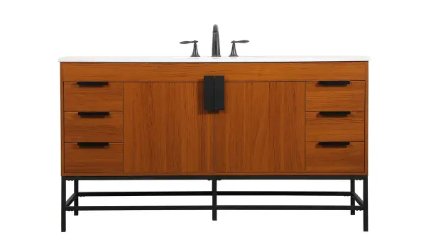 This vanity is a sleek-looking piece of bathroom furniture that is easy to incorporate into your design scheme. The cabinet features a smooth door panel with an oversized steel handle and soft close hinges provide ample room for accessories. Constructed of engineered wood, the powder-coated metal rod legs are an urban industrial look that we love. Minor assembly of the metal legs needed to get this vanity up and running. Collection: Eugene Rooms: bathroom Finish: Teak Width: 22.00" Height: 33.50" Length: 60.00" Weight: 210.00 lb Material: MDF Country of Origin: Vietnam Manufacturer Warranty: 1 year limited