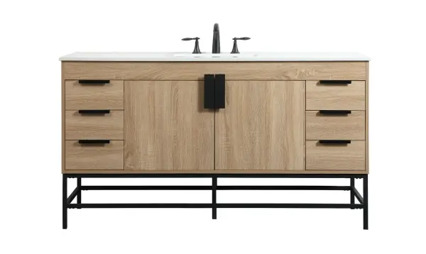 This vanity is a sleek-looking piece of bathroom furniture that is easy to incorporate into your design scheme. The cabinet features a smooth door panel with an oversized steel handle and soft close hinges provide ample room for accessories. Constructed of engineered wood, the powder-coated metal rod legs are an urban industrial look that we love. Minor assembly of the metal legs needed to get this vanity up and running. Collection: Eugene Rooms: bathroom Finish: mango wood Width: 22.00" Height: 33.50" Length: 60.00" Weight: 210.00 lb Material: MDF Country of Origin: Vietnam Manufacturer Warranty: 1 year limited