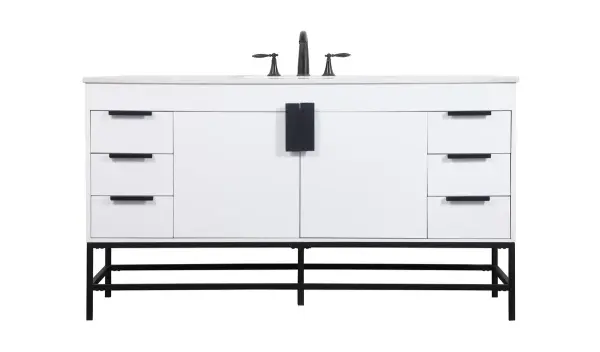 This vanity is a sleek-looking piece of bathroom furniture that is easy to incorporate into your design scheme. The cabinet features a smooth door panel with an oversized steel handle and soft close hinges provide ample room for accessories. Constructed of engineered wood, the powder-coated metal rod legs are an urban industrial look that we love. Minor assembly of the metal legs needed to get this vanity up and running. Collection: Eugene Rooms: bathroom Finish: white Width: 22.00" Height: 33.50" Length: 60.00" Weight: 210.00 lb Material: MDF Country of Origin: Vietnam Manufacturer Warranty: 1 year limited