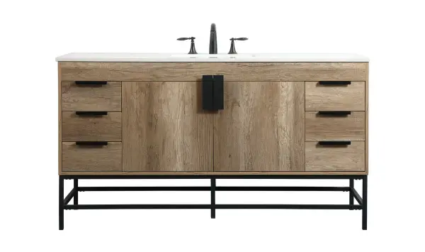 This vanity is a sleek-looking piece of bathroom furniture that is easy to incorporate into your design scheme. The cabinet features a smooth door panel with an oversized steel handle and soft close hinges provide ample room for accessories. Constructed of engineered wood, the powder-coated metal rod legs are an urban industrial look that we love. Minor assembly of the metal legs needed to get this vanity up and running. Collection: Eugene Rooms: bathroom Finish: natural oak Width: 22.00" Height: 33.50" Length: 60.00" Weight: 210.00 lb Material: MDF Country of Origin: Vietnam Manufacturer Warranty: 1 year limited